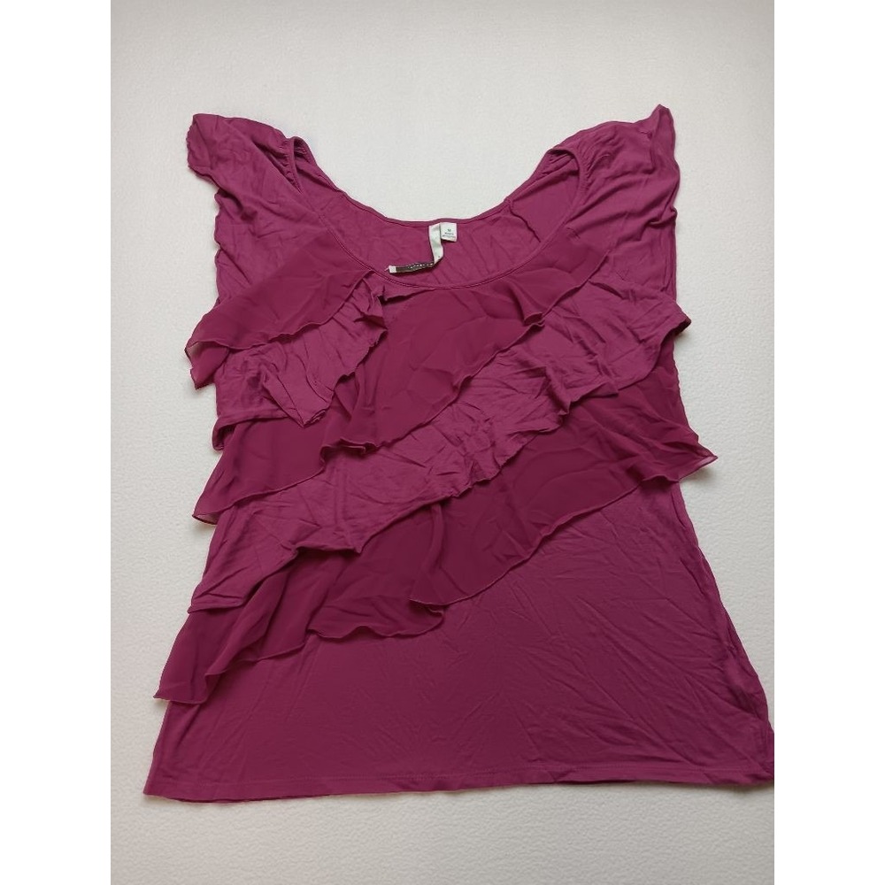 LC Lauren Conrad Womens M Magenta Ruffle Cascade Cap Sleeve Blouse Top Pima